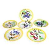 6 assiettes à dessert Orchies en barbotine jaune décor fruits au pochoir