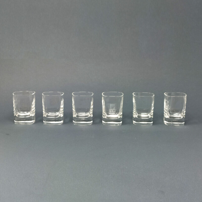 Italian vintage crystal decanter with 6 crystal glasses signed Luigi Bormioli 1970s