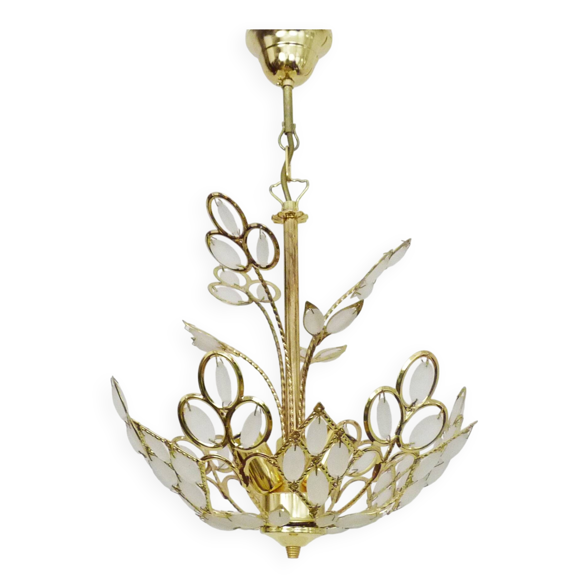 Antique 3-light floral pendant light in gilded metal with glass pendants. 80s