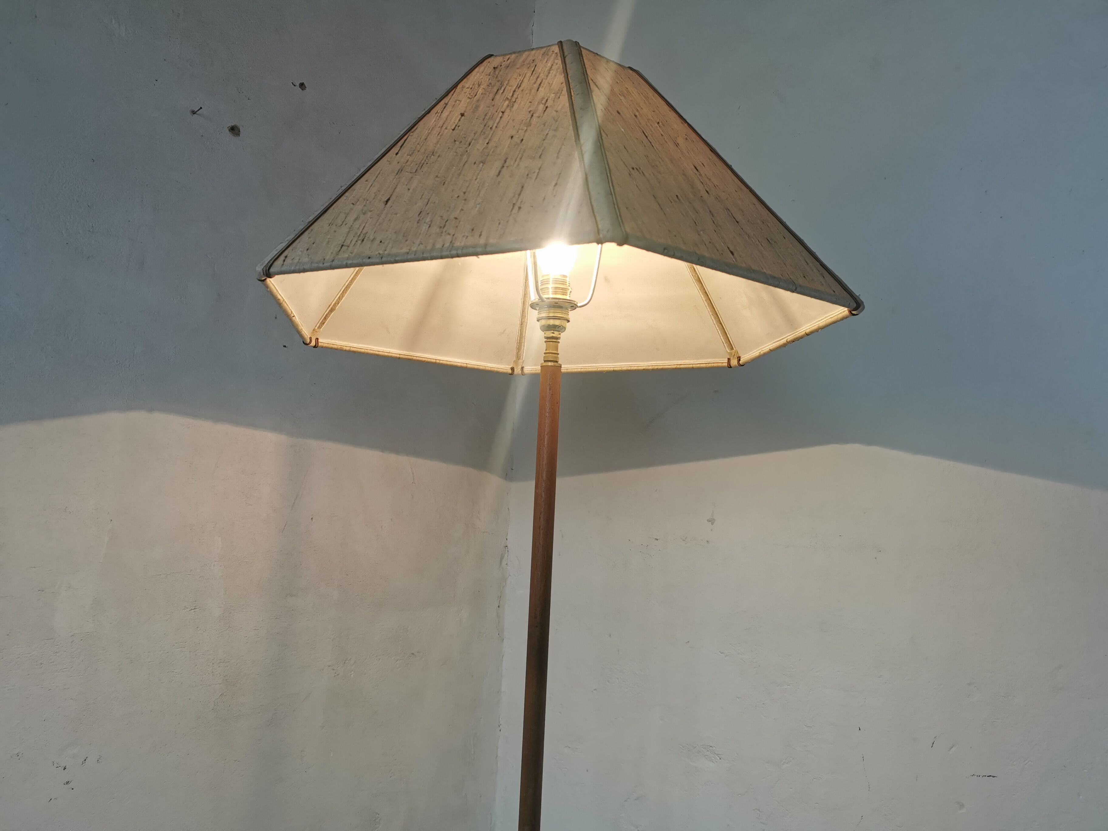 Scandinavian floor lamp 1960, wood and brass