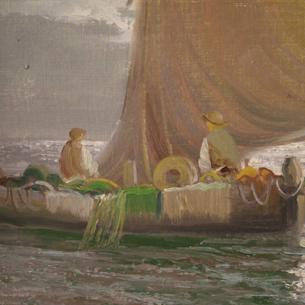 Seascape painting signed Remo Testa, fishermen at dawn