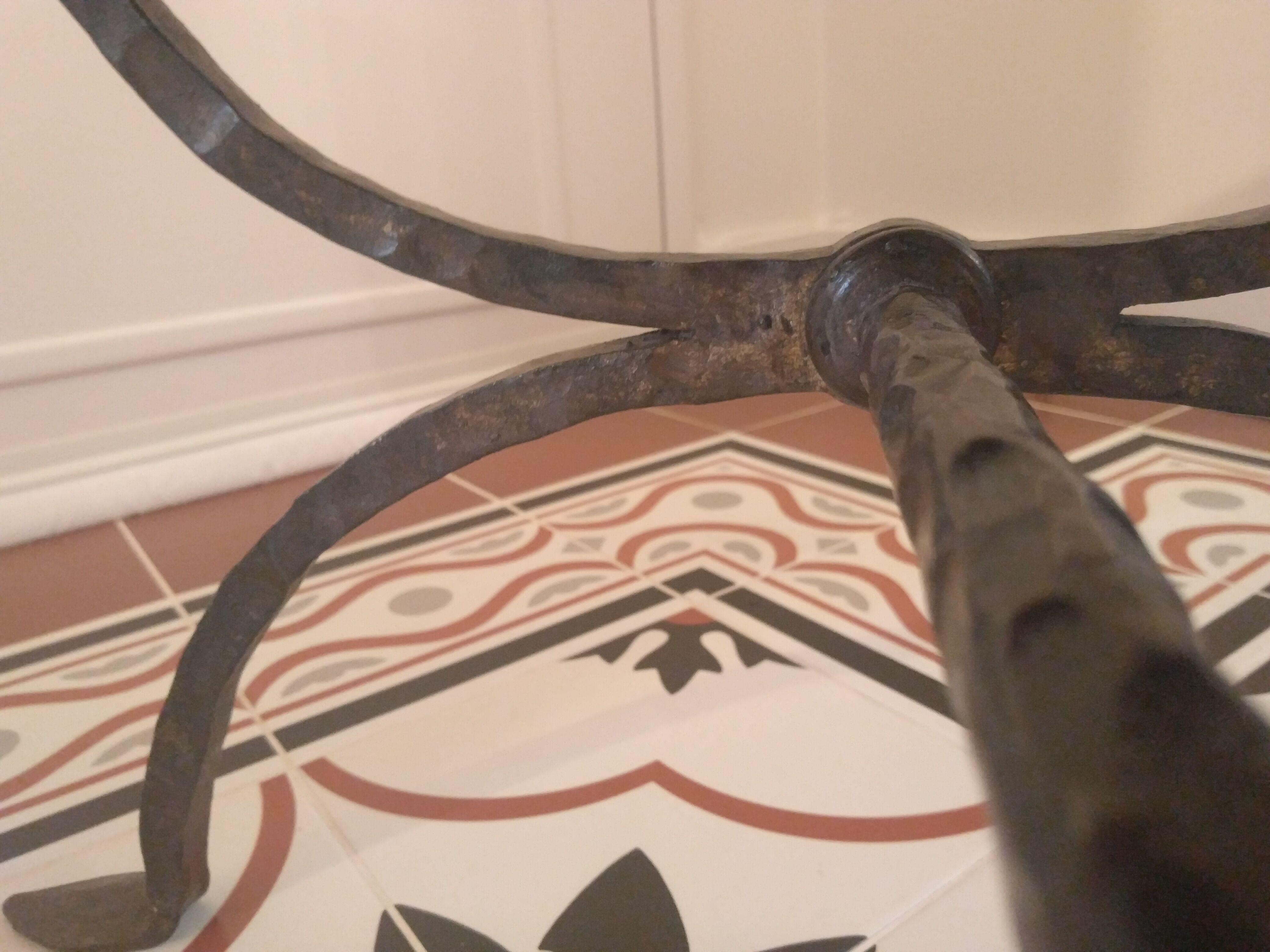 Coffee table, wooden top, wrought iron legs