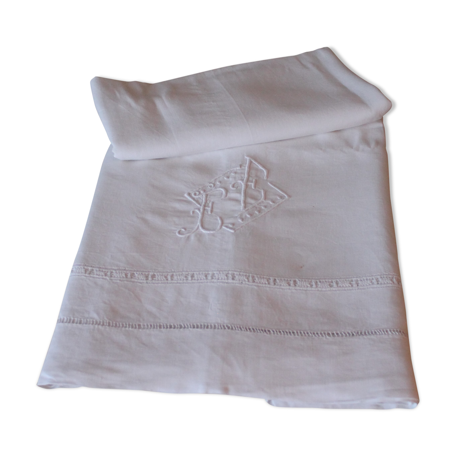 Drap ancien en lin début XXe monogrammé & brodé main