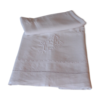 Old linen sheet early twentieth monogrammed & hand embroidered