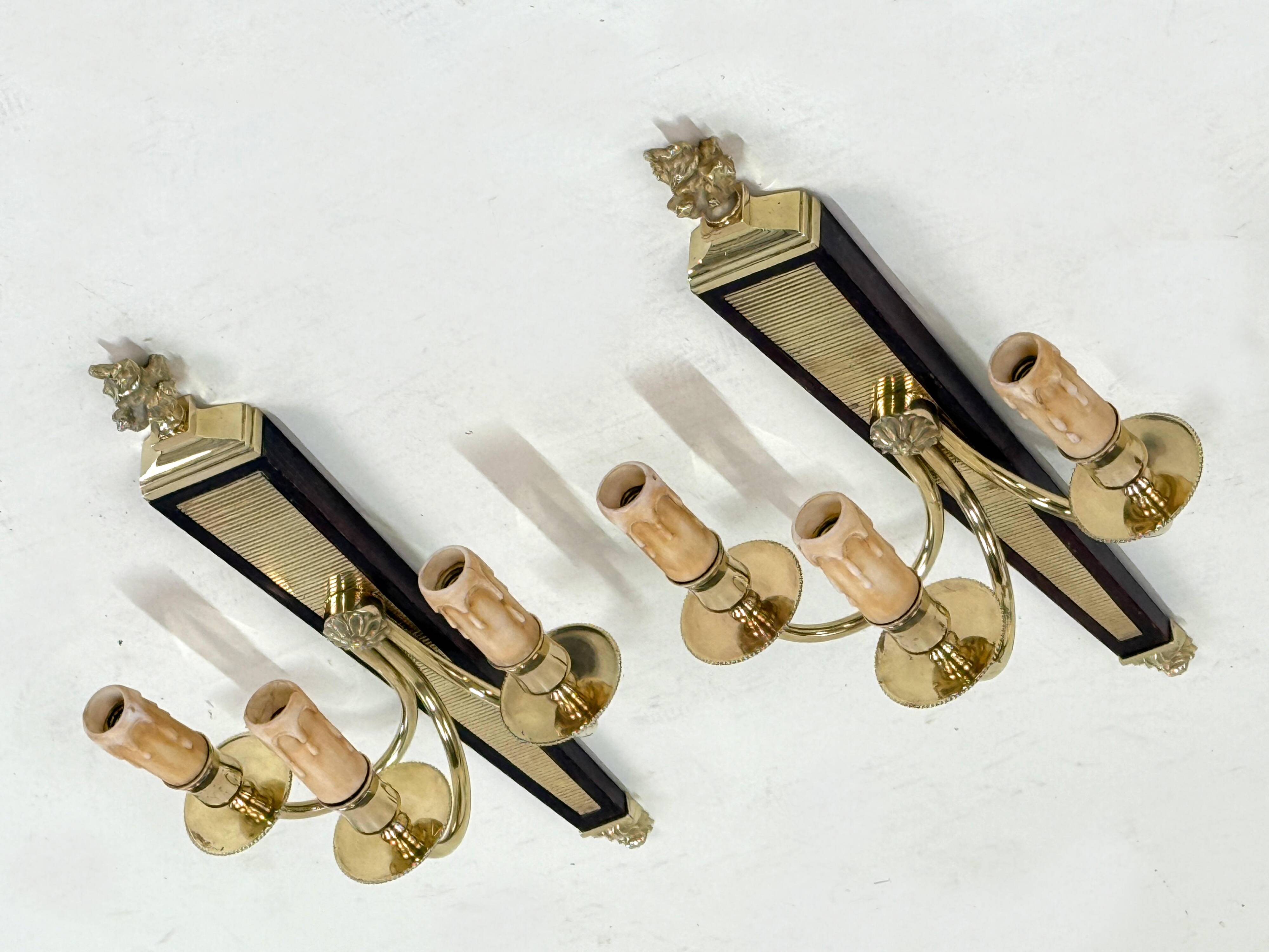 Antique Pair of 3-Light Wall Lights - Gilt Bronze and Mahogany - Neoclassical - 40's