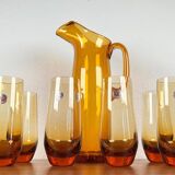 Amber glass carafe from the mid-century German Jagdhaus series and drinking glasses by Wilhelm Braun-Feldweg for Hirschberg, 1960s, set of 7.