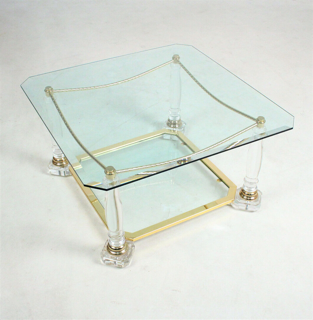 Hollywood regency vintage coffee table in brass & glass 1970s