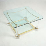 Table basse Hollywood Regency vintage en laiton & verre 1970s