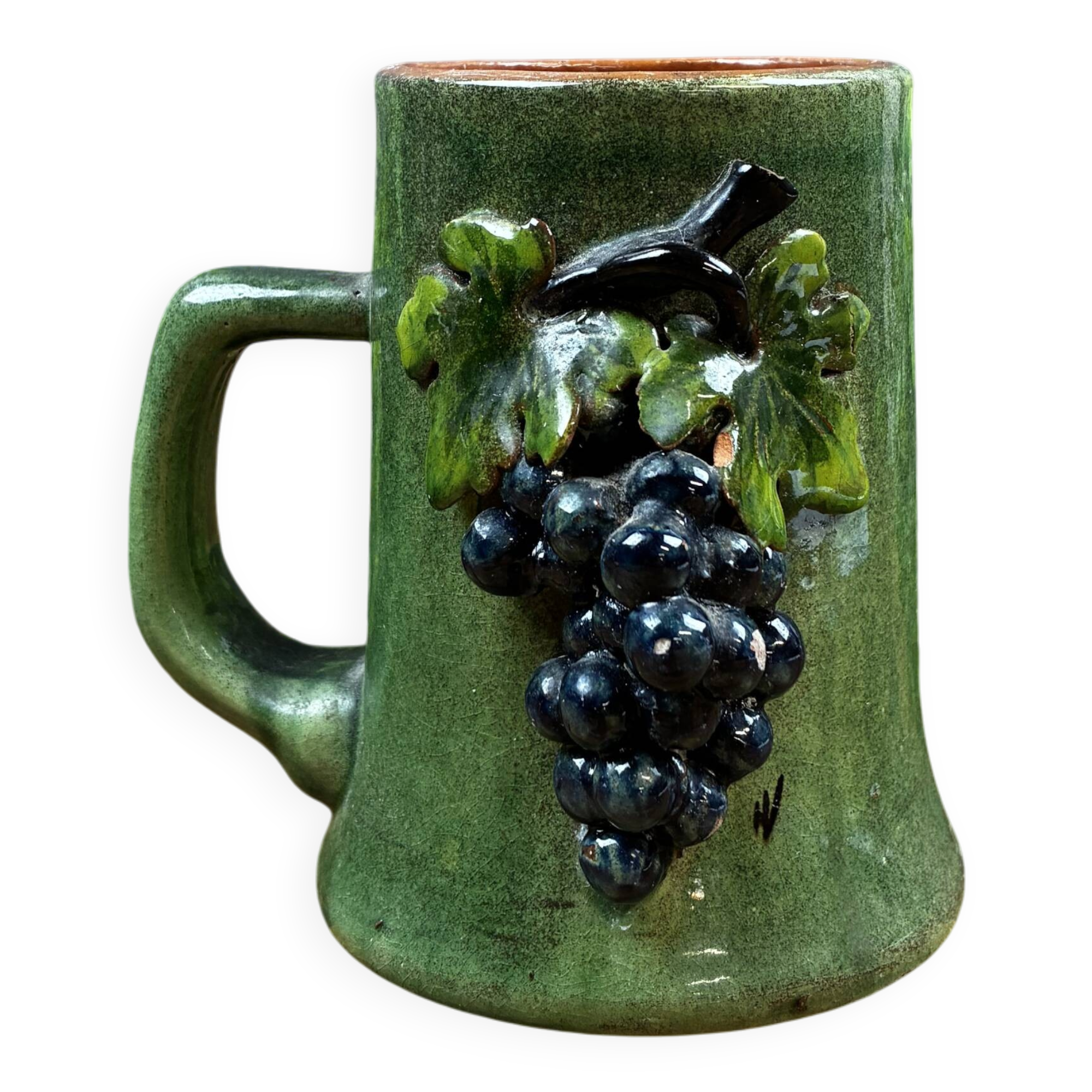 Old Green Glazed Ceramic Goblet with Grape Cluster Decoration