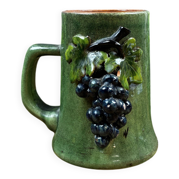 Old Green Glazed Ceramic Goblet with Grape Cluster Decoration