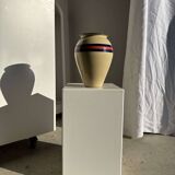 Large beige vase with blue and pink trim H27 D21