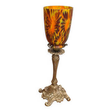 lampe  bronze style rocaille art nouveau , superbe tulipe , 36x15    ,,tres bon etat