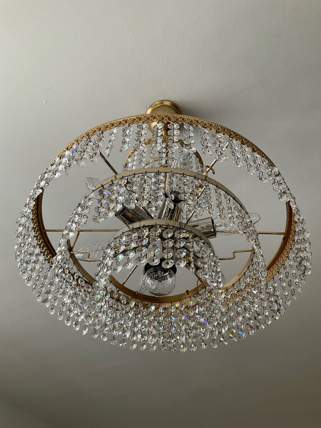 Brass chandelier and crystal tassel waterfall