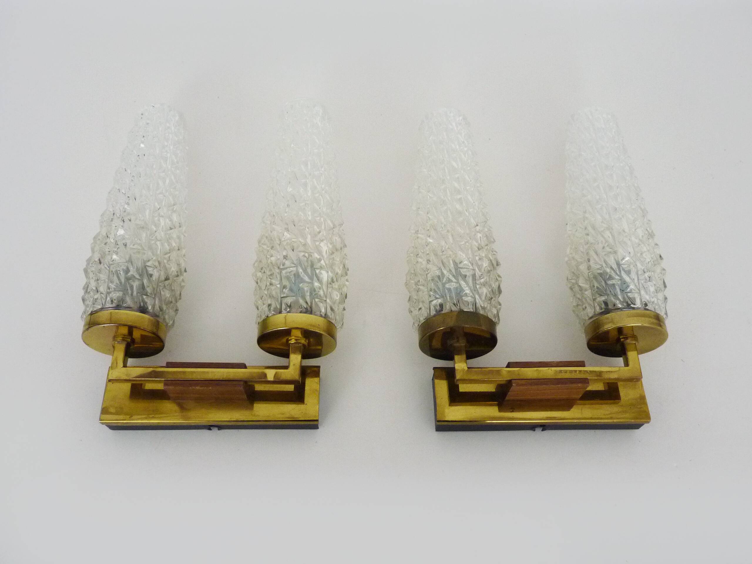 Pair of double-light wall lights, brass, teak globe, glass tubes. 50s-60s