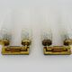 Pair of double-light wall lights, brass, teak globe, glass tubes. 50s-60s