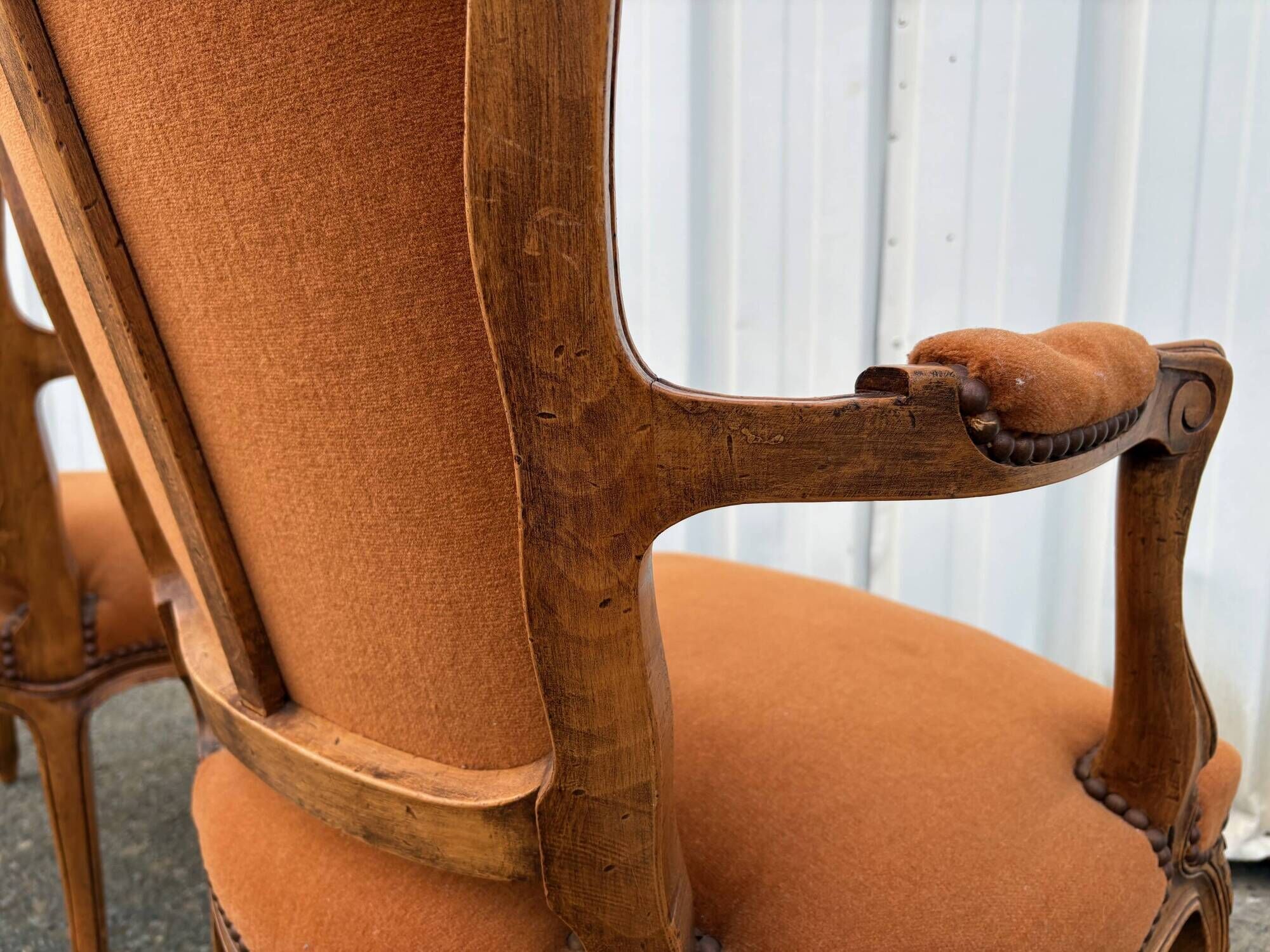 Pair of Louis XV style armchairs in ochre velvet