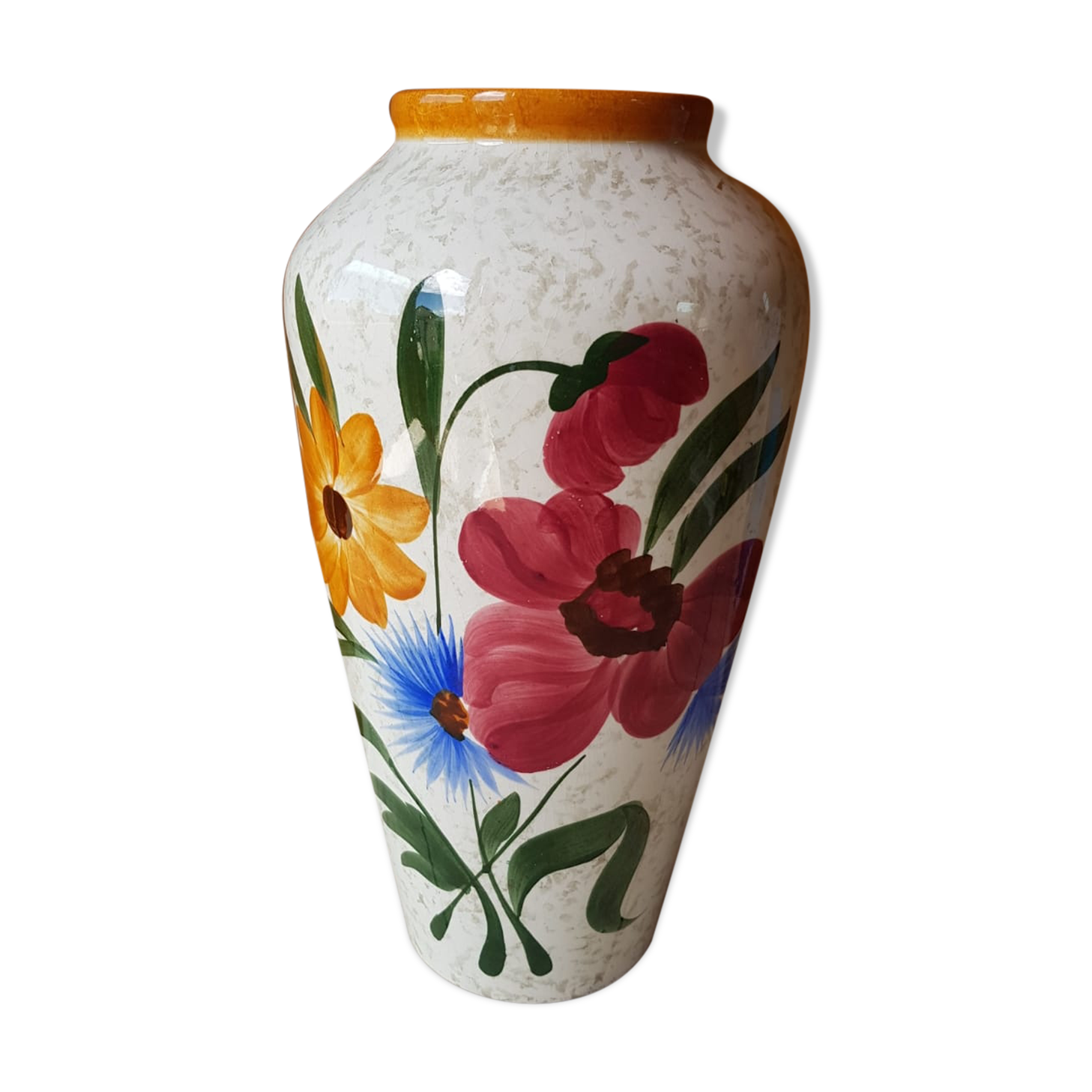 Ancien vase céramique décor de fleurs années 70 vintage