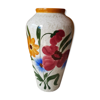 Ancien vase céramique décor de fleurs années 70 vintage