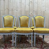 Set of 6 Louis XVI style chairs with polished wood and velvet.