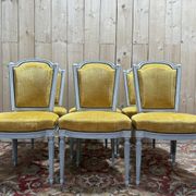 Set of 6 Louis XVI style chairs with polished wood and velvet.