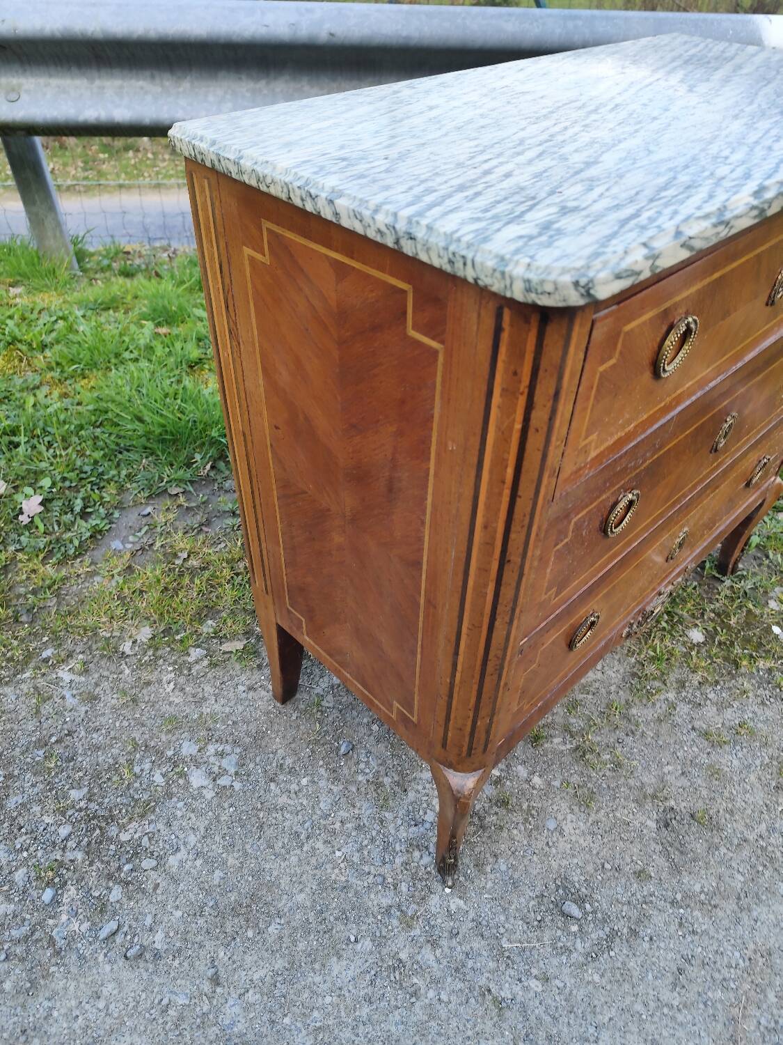 Louis XV, Louis XVI transitional style chest of drawers in marble and wood marquetry