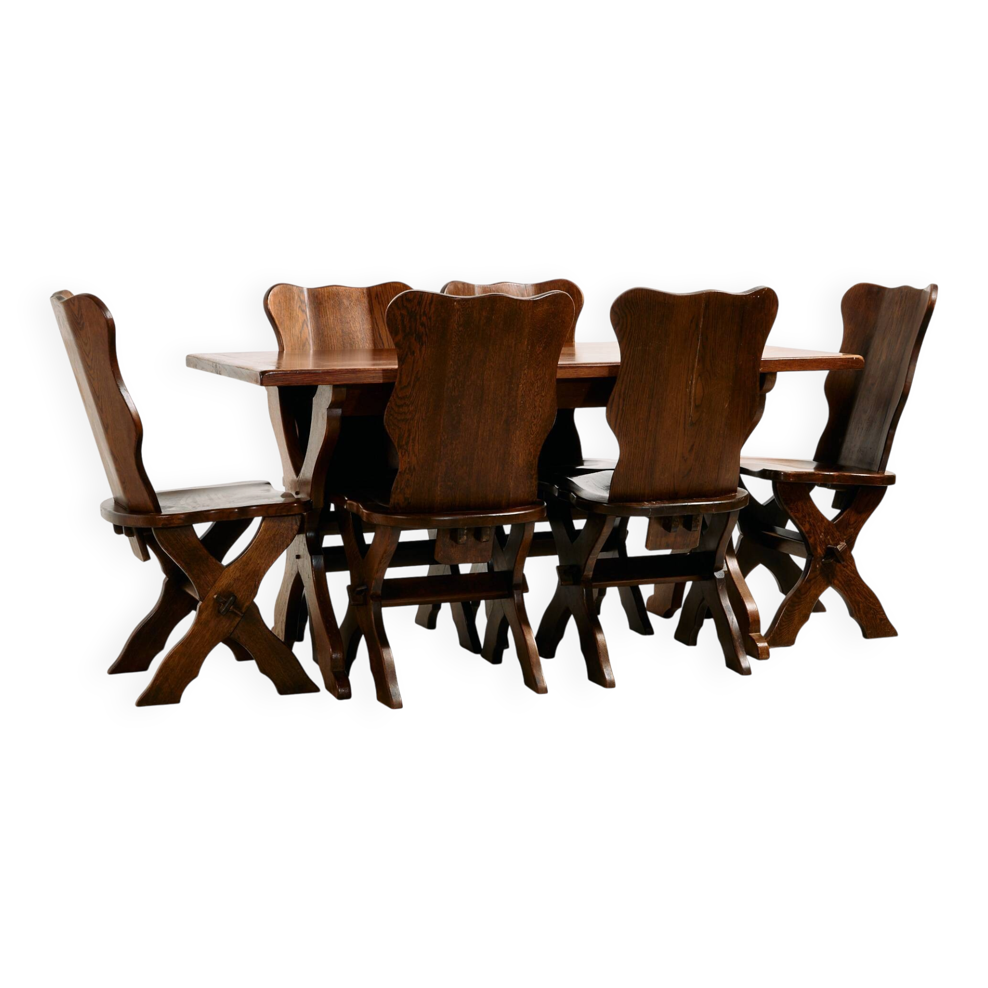 Brutalist oak dining set, set of 7.