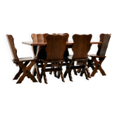 Brutalist oak dining set, set of 7.