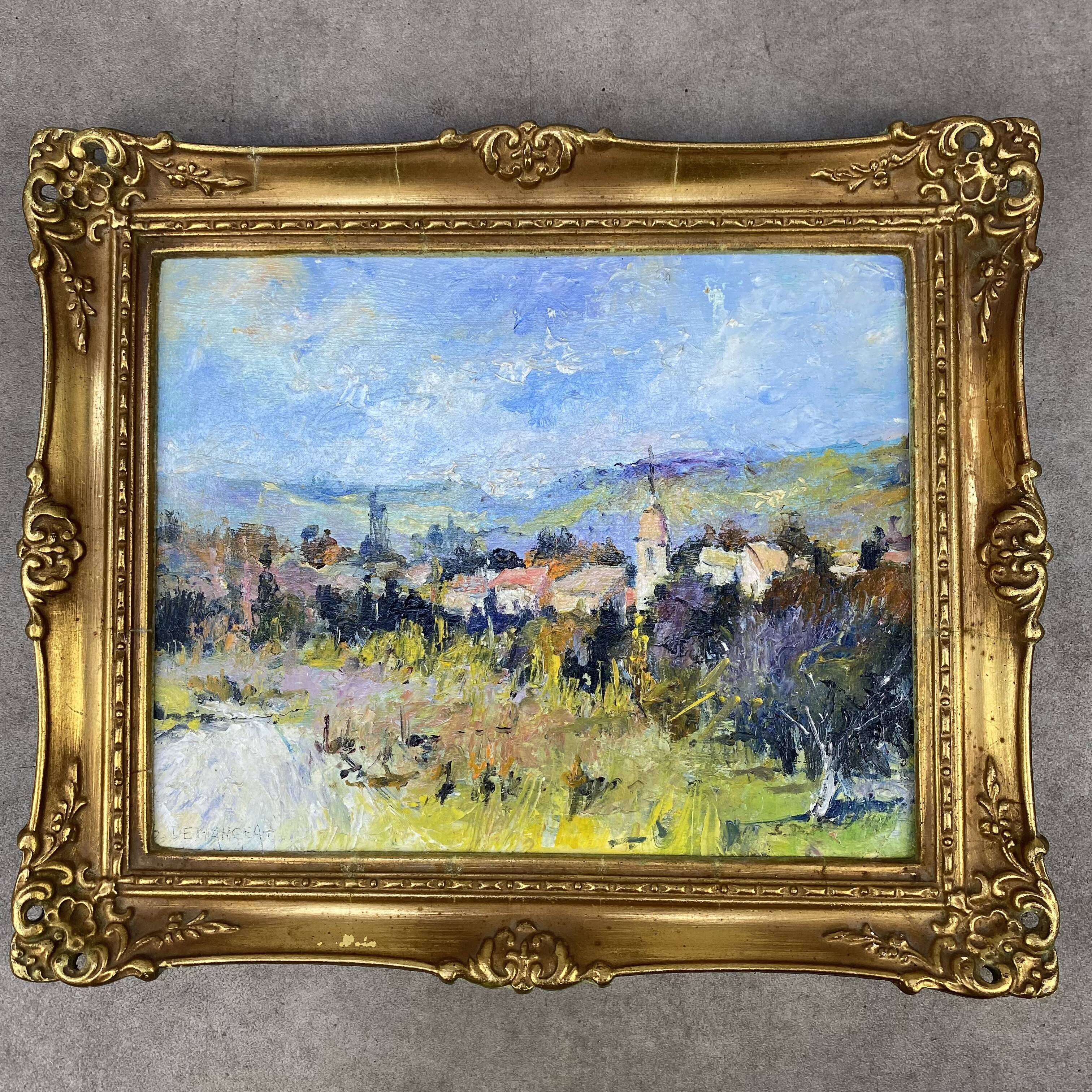 Oil painting on canvas village landscape, gilded frame