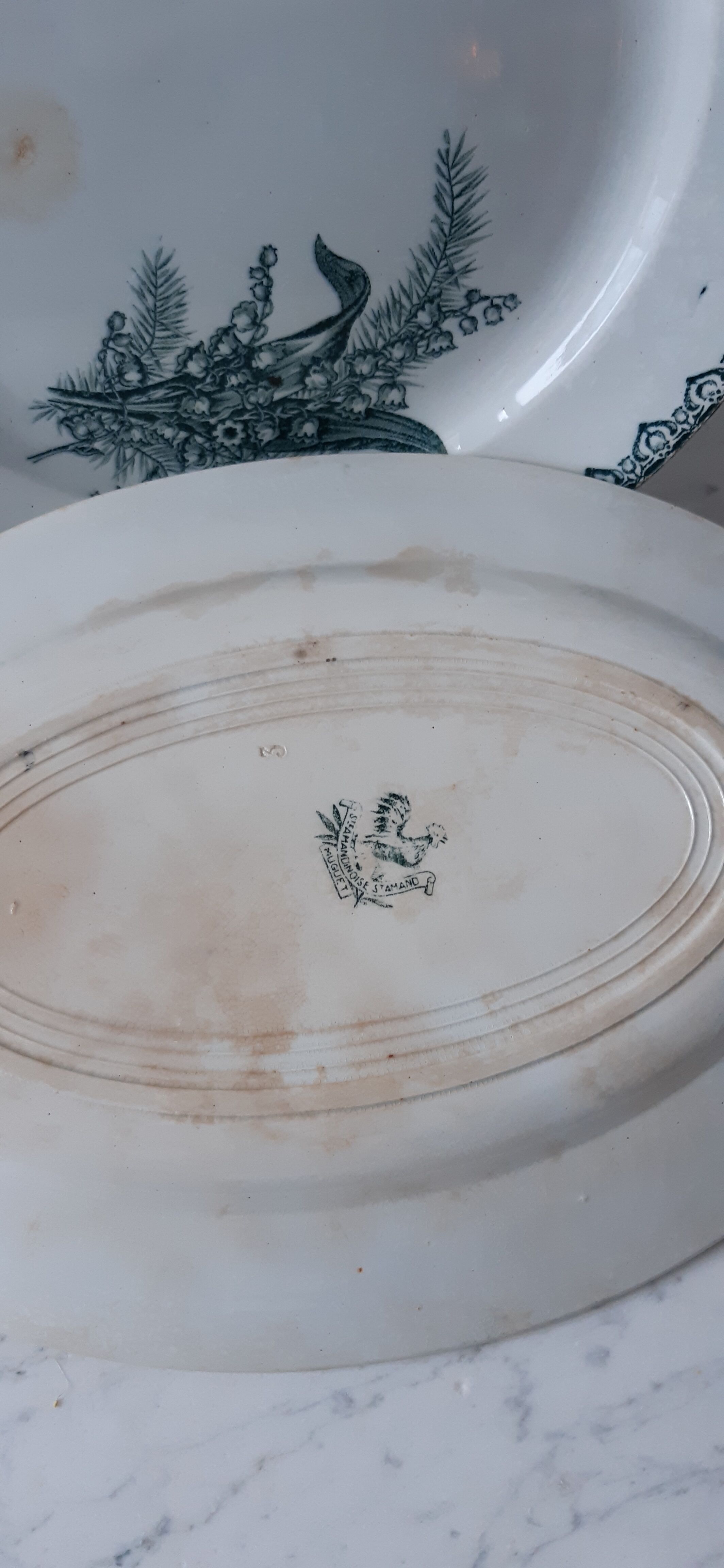 Duo of dishes Saint-Amand Terre de Fer, model Muguet, XIXth