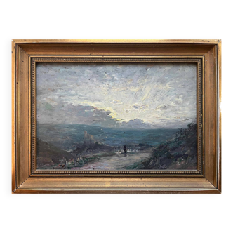 HSP painting "Shepherd with geese at dusk" attr. HL Foreau (1866-1938)