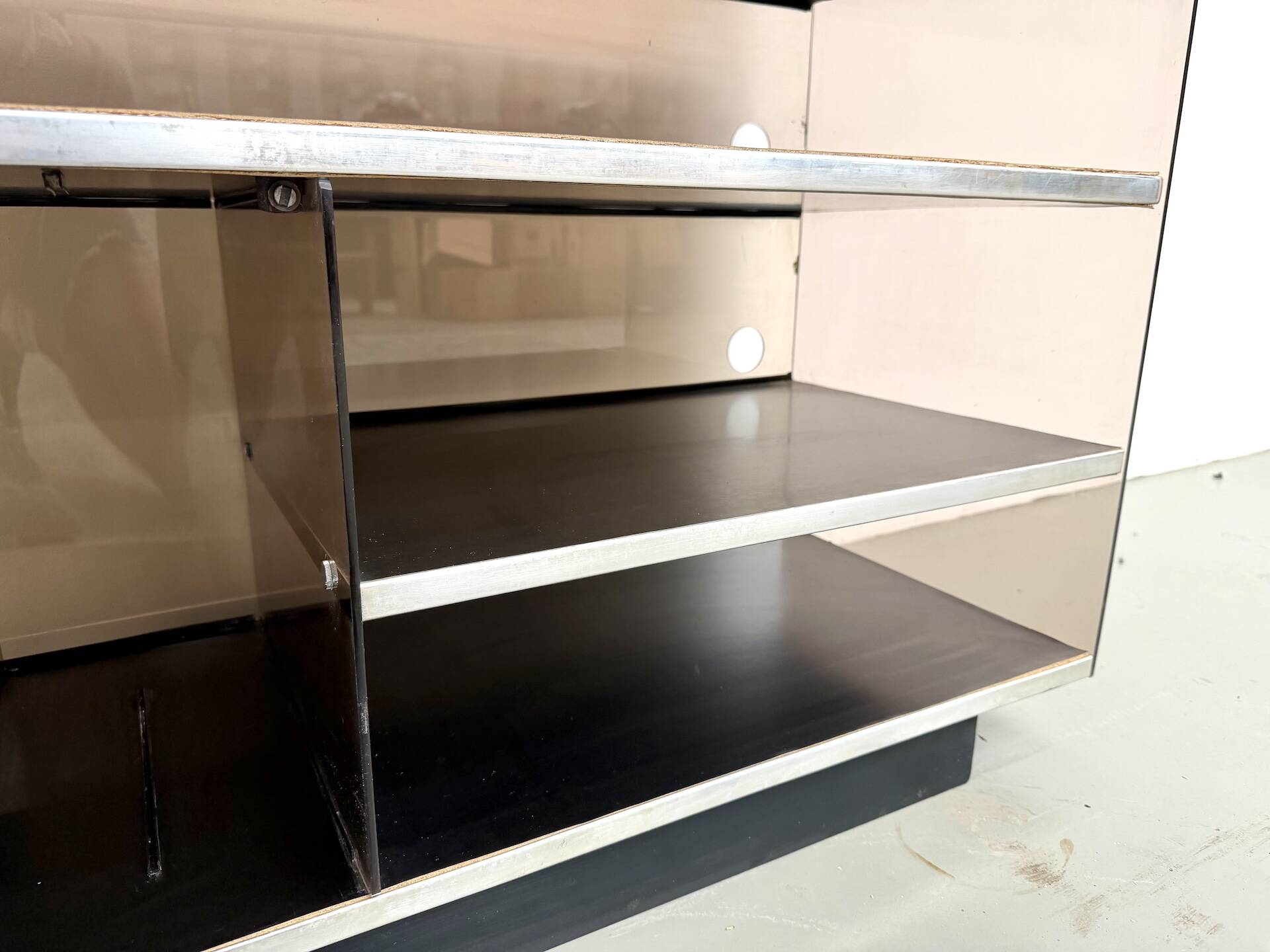 Hi-Fi furniture in smoked plexiglass and aluminium, Eric Maville