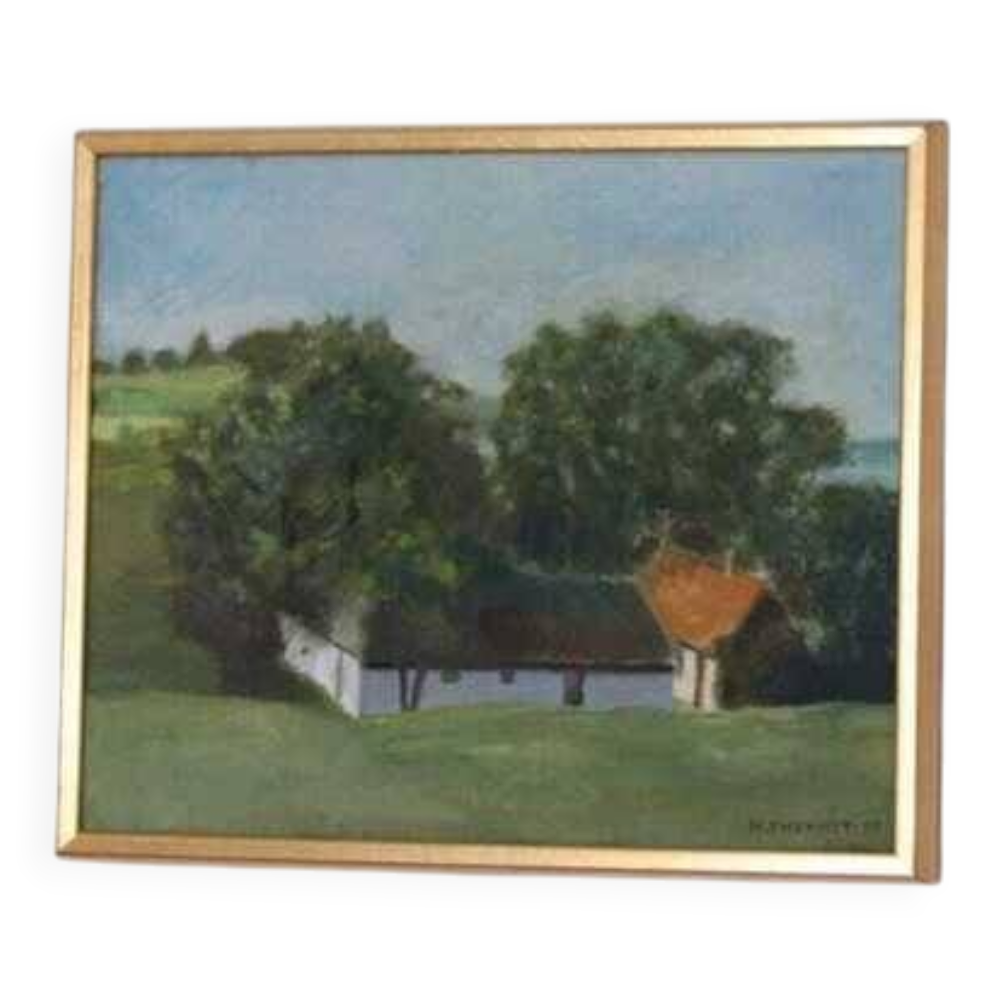 Original Swedish oil on canvas – “Landscape with Farm” by H. Engkvist – dated 1983 – vintage & framed – 41 × 50 cm (16.1" × 19.7")