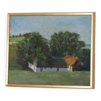 Original Swedish oil on canvas – “Landscape with Farm” by H. Engkvist – dated 1983 – vintage & framed – 41 × 50 cm (16.1" × 19.7")
