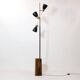 Large 3-light floor lamp in metal, brass and solid wood, 197cm.