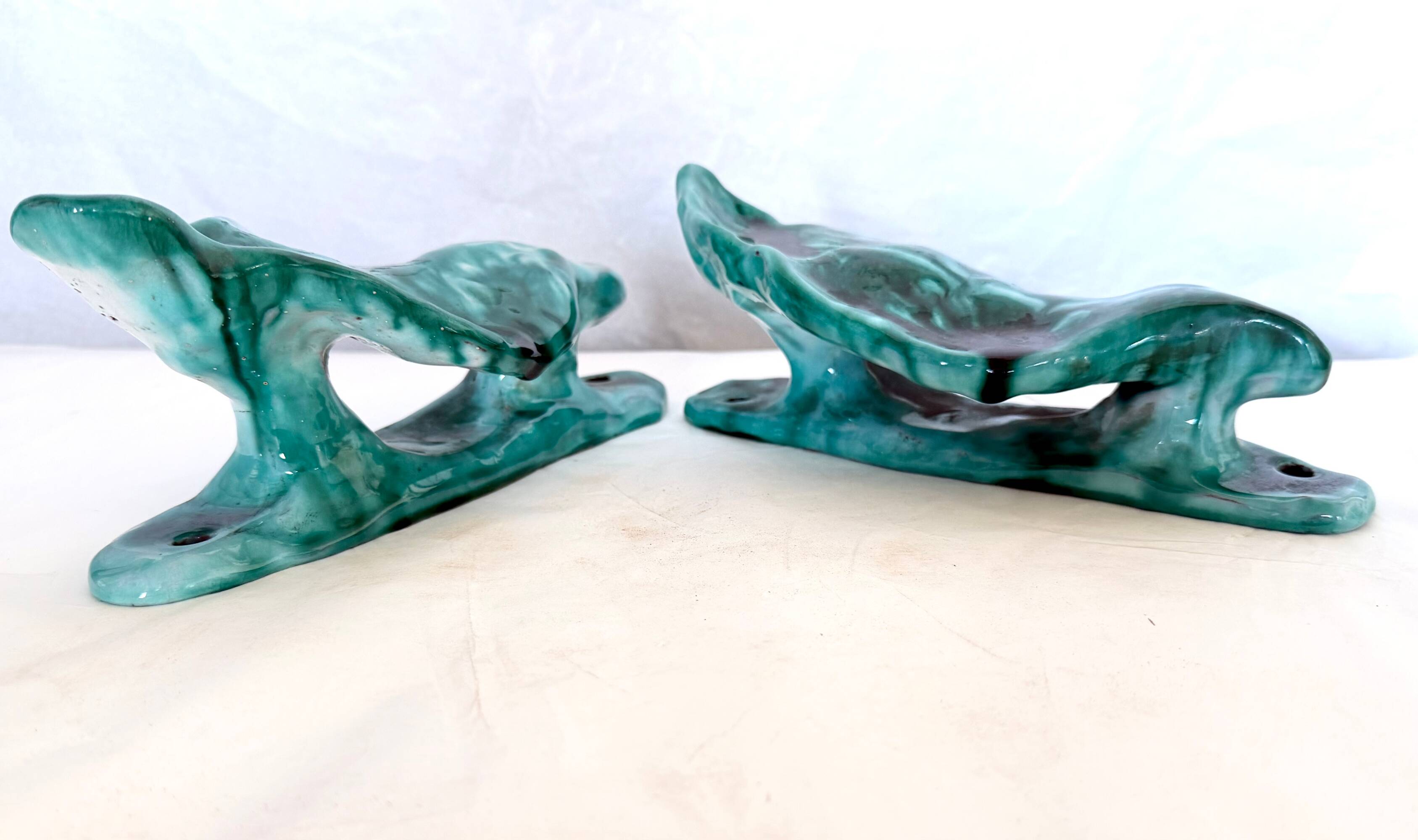 xPair of Handcrafted Teal Enameled Door Handles by Gabbianelli, Albisola, I