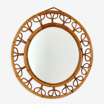 Miroir Italien rond en bambou et rotin 1950s