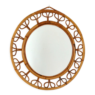 Miroir Italien rond en bambou et rotin 1950s