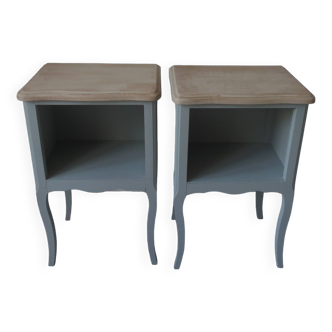 Bedside tables, end tables re-enchanted in verdigris waxed finish, light oak waxed tops.