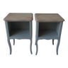 Bedside tables, end tables re-enchanted in verdigris waxed finish, light oak waxed tops.