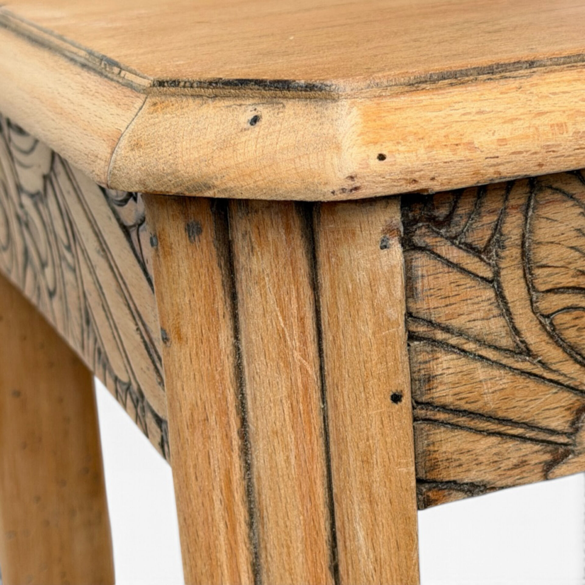Art Deco console in raw wood with floral decoration, renovated 1930.