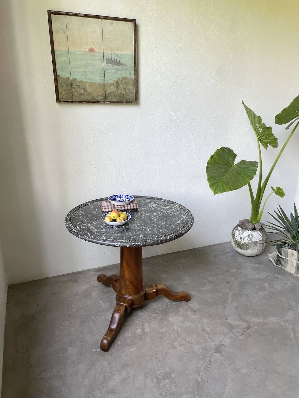 Empire walnut and marble pedestal table, late 19th century