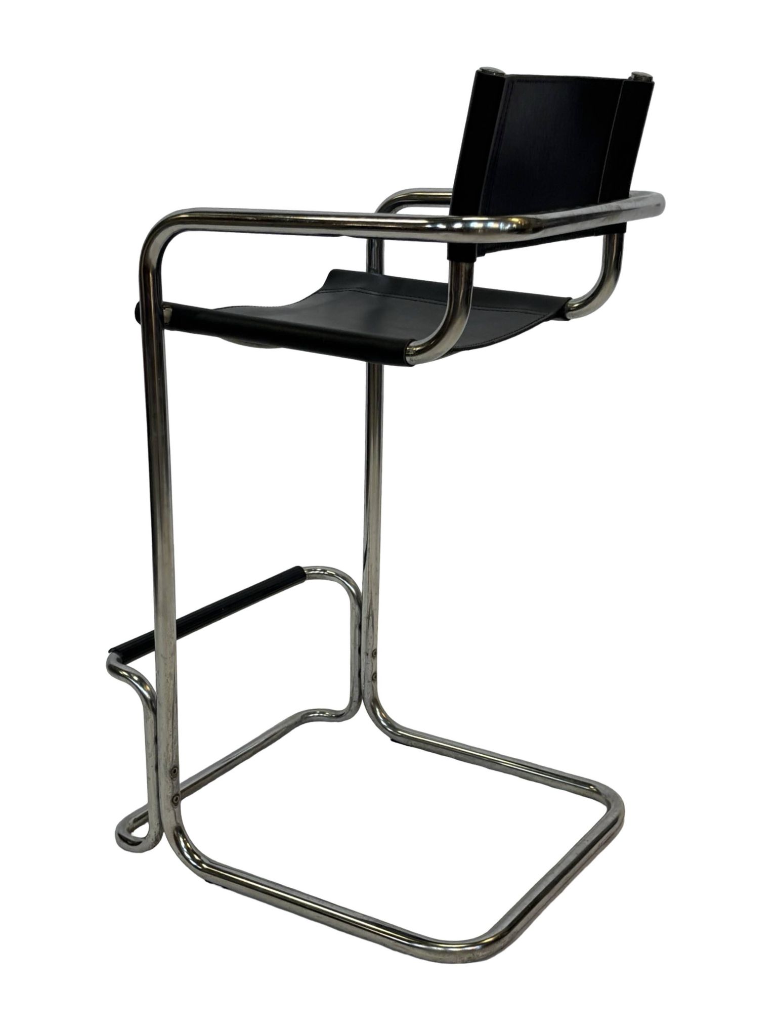 Tabouret de bar vintage en cuir noir et chrome, Italie