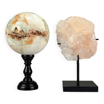 Decorative duo — Banded calcite sphere (onyx marble) and calcite crystal on bases.