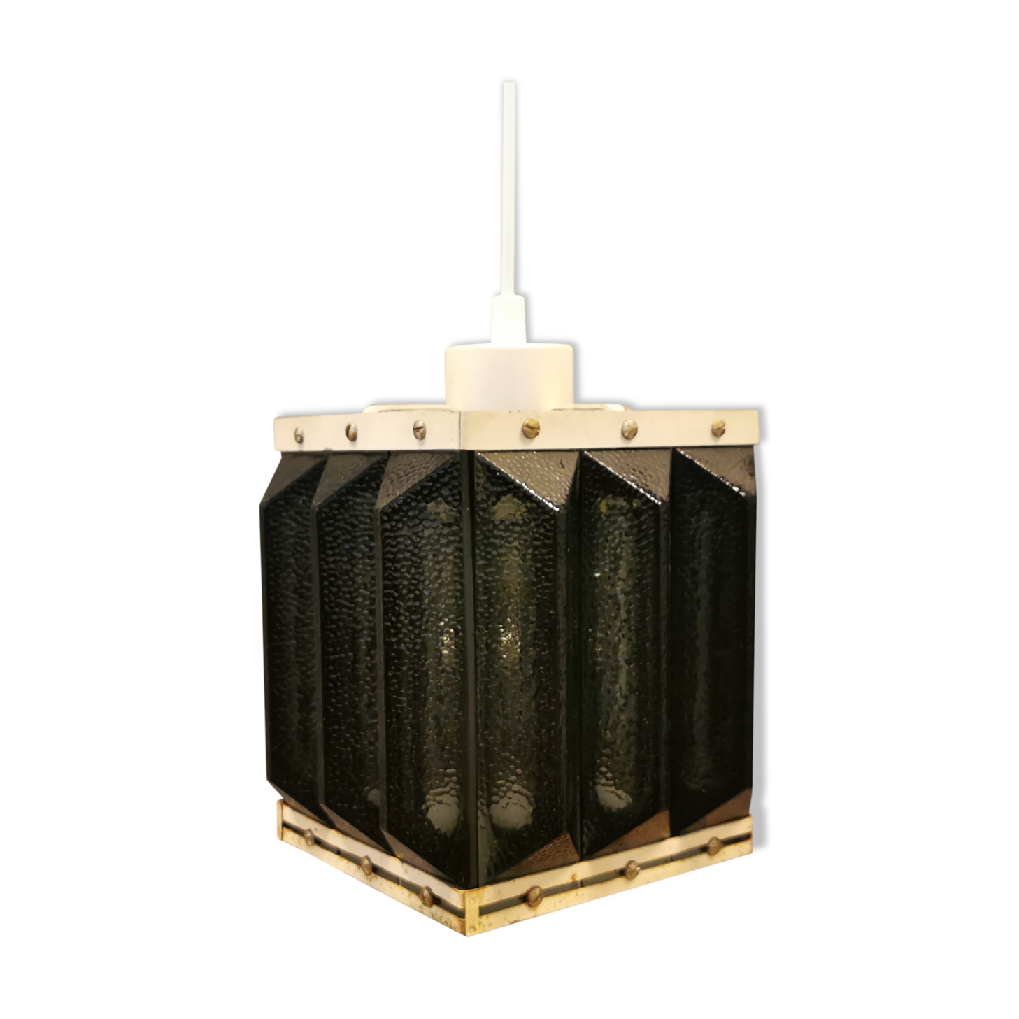 Old Swedish lamp made of metal and smoked solid glass pieces.