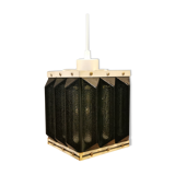 Old Swedish lamp made of metal and smoked solid glass pieces.