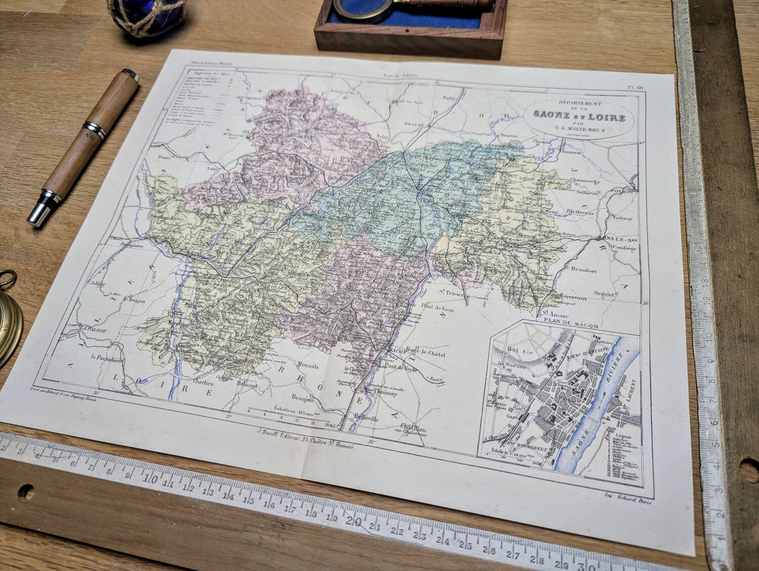 Saône-et-Loire, old map, printed in 1883.