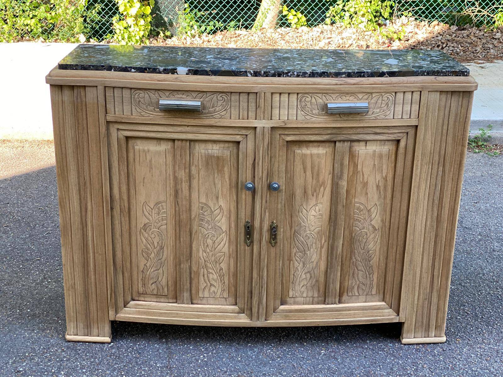 Renovated vintage art deco Parisian sideboard in solid wood and marble 152cm