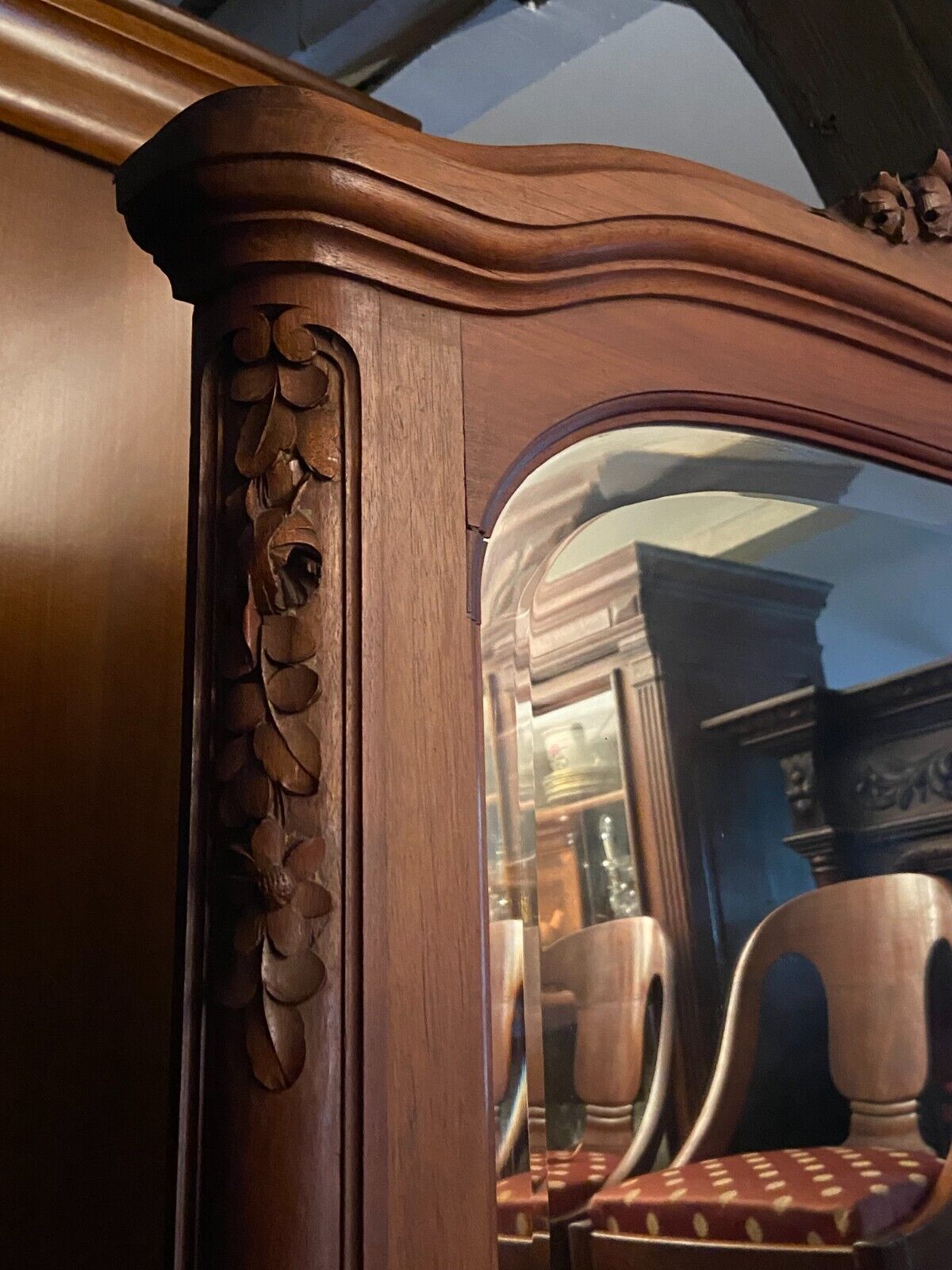 Beveled mirror trumeau fireplace glass in solid walnut Louis XVI style