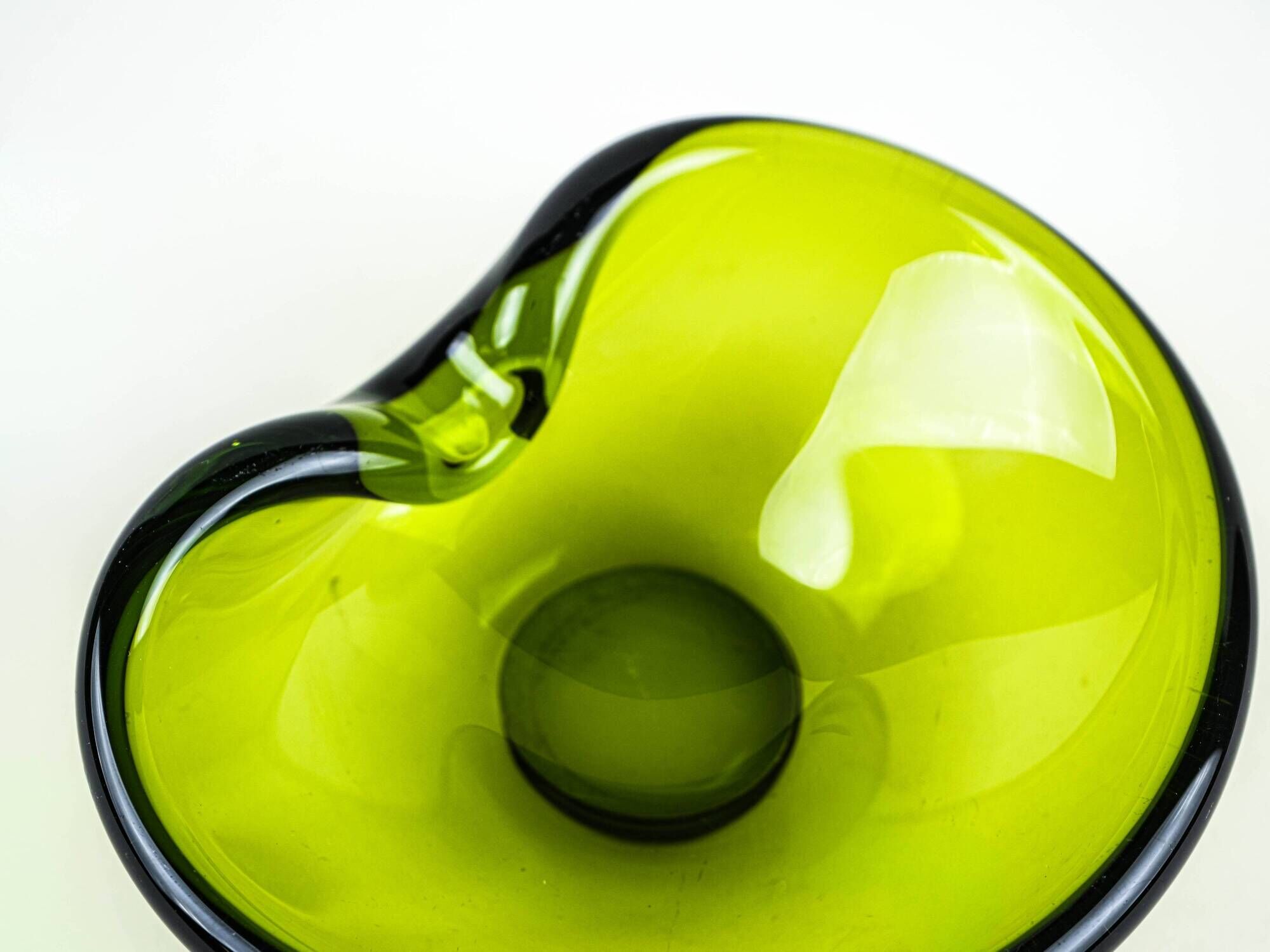Holmegaard glass platter in olive green, organic form, Danish design, 1970s
