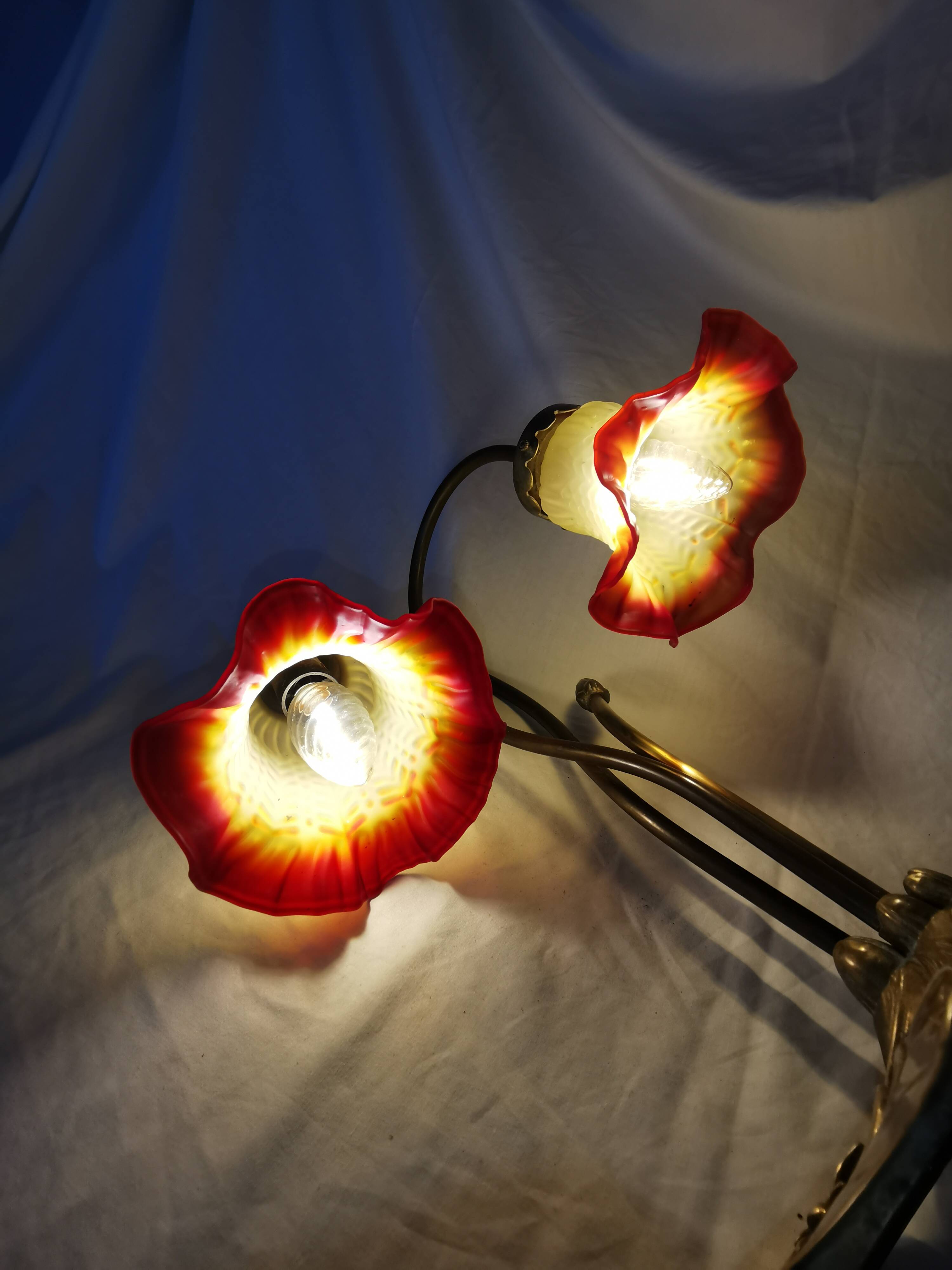 Brass water lily lamp and glass paste tulip, double, art nouveau style.